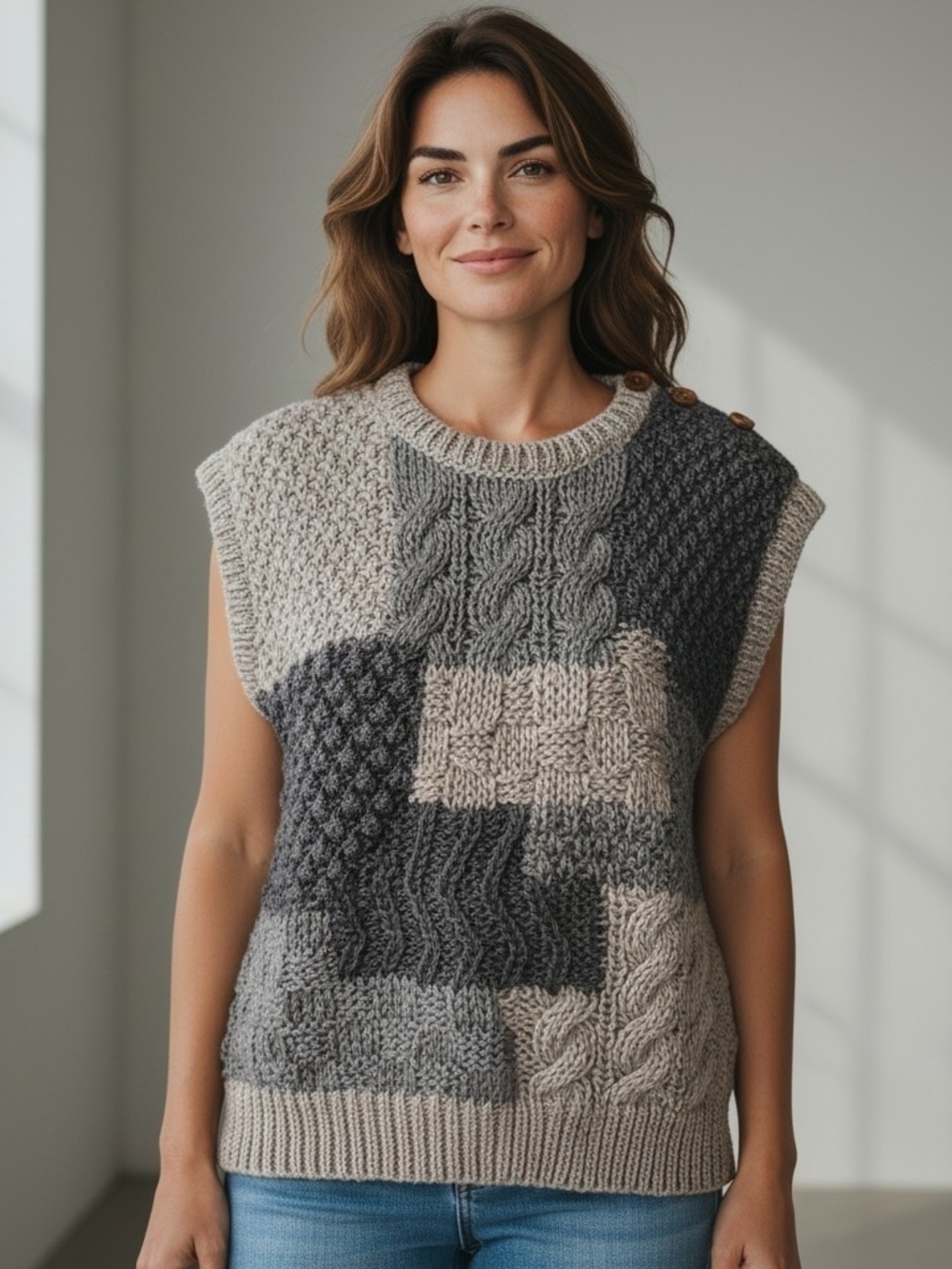 ​Vintage Empire Knitwear Hand Made Patchwork Sweater Vest Gray Womens Sz L